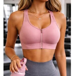 Under Armour Zip Front Sports Bra Pink High Support Size M Rose Gym Athleisure